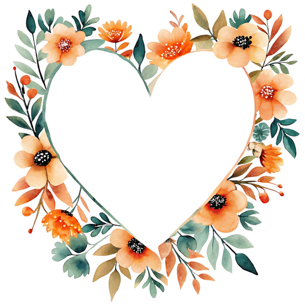 Beautiful Watercolor Heart Shaped Floral Frame with Peach and Orange Flowers and Teal Leaves png