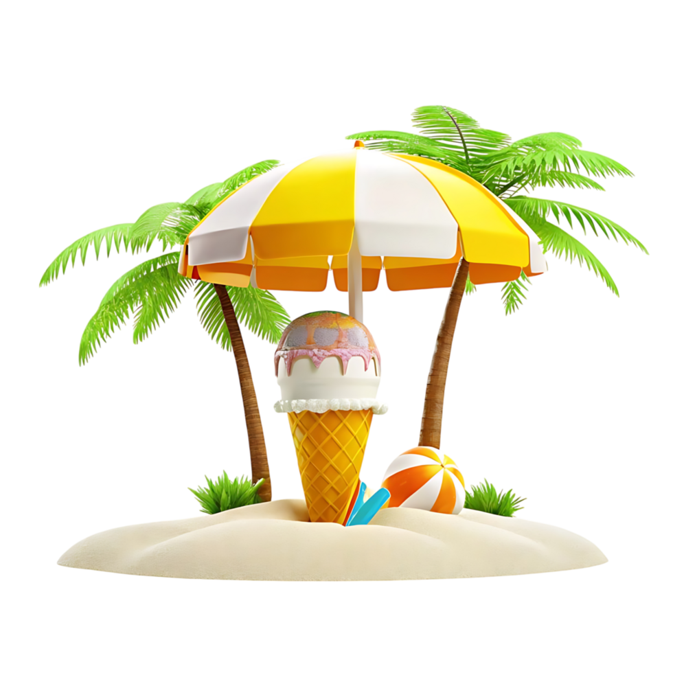 Summer Vacation Ice Cream Cone on Tropical Beach Island with Palm Trees and Beach Ball png