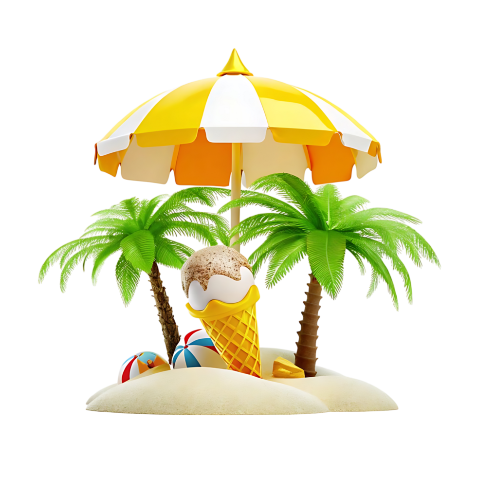 Summer Beach Vacation Scene with Ice Cream Cone Under Yellow Umbrella and Palm Trees png