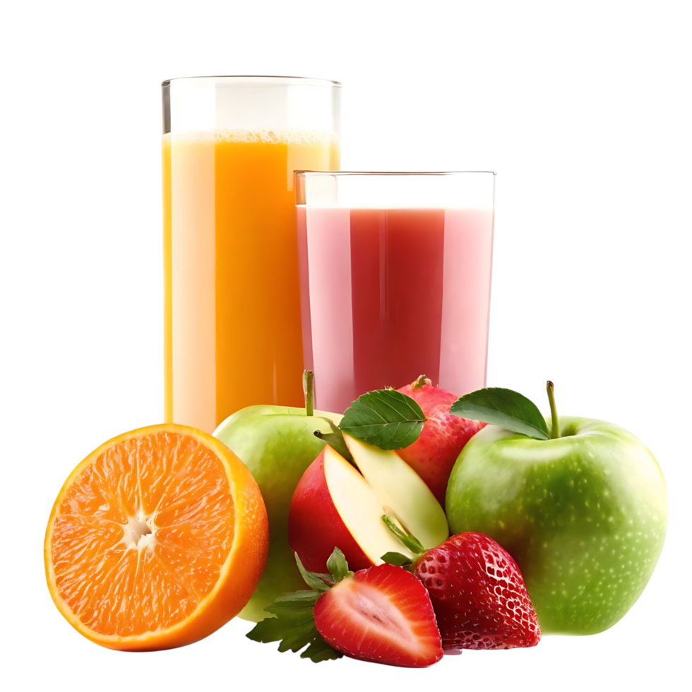 Refreshing Fruit Juices with Fresh Orange Apple and Strawberry png
