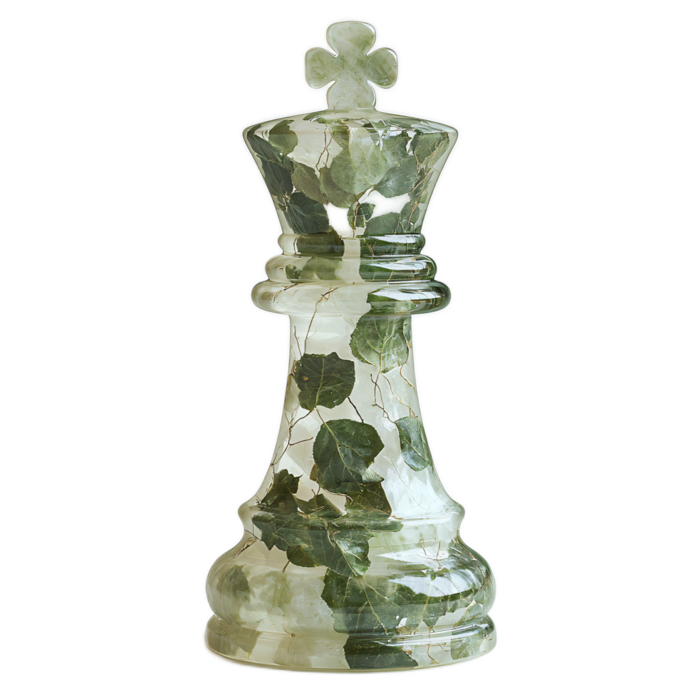 Green Glass King Chess Piece with Natural Leaves Embedded in Decorative Design png