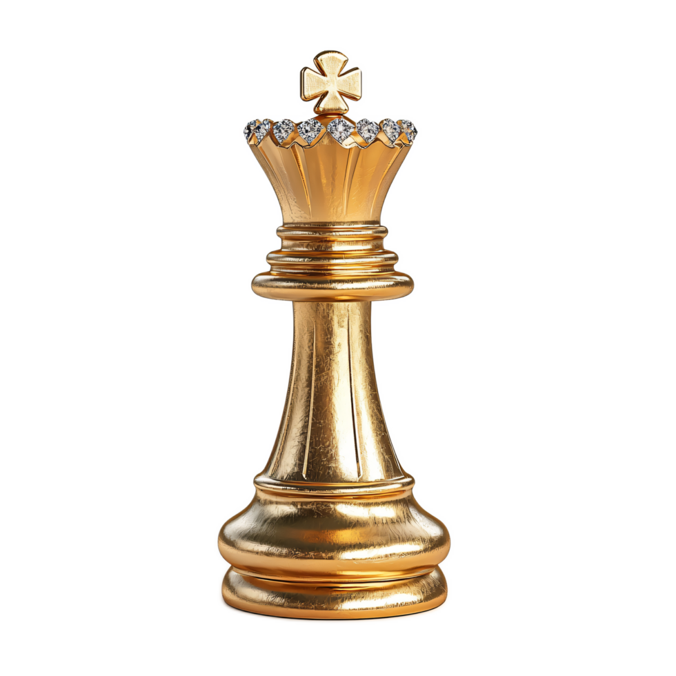 Elegant Golden Chess King Piece with Decorative Crown and Sparkling Gem Details png
