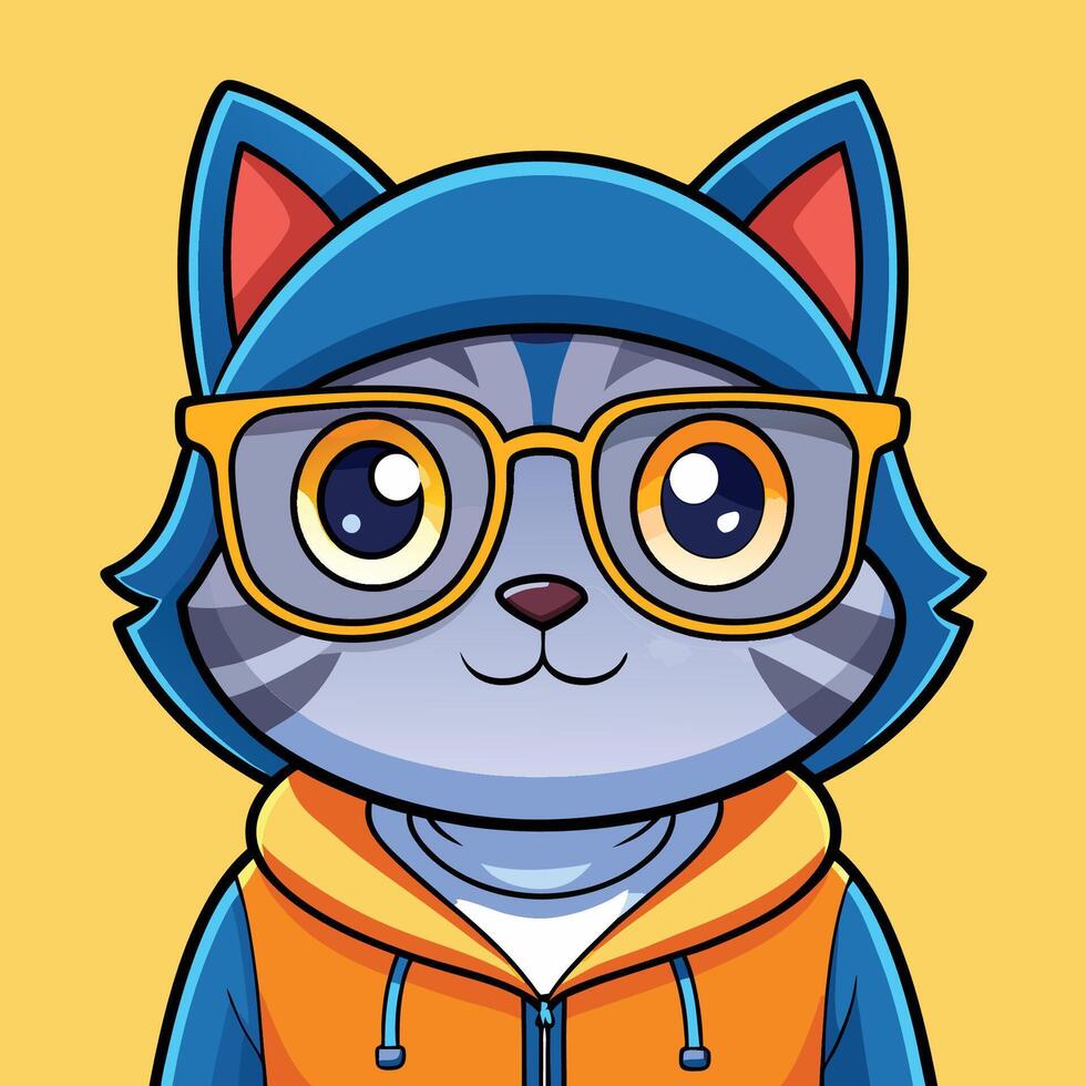 Adorably Dressed Cat in Eyeglasses and Hoodie Cartoon vector