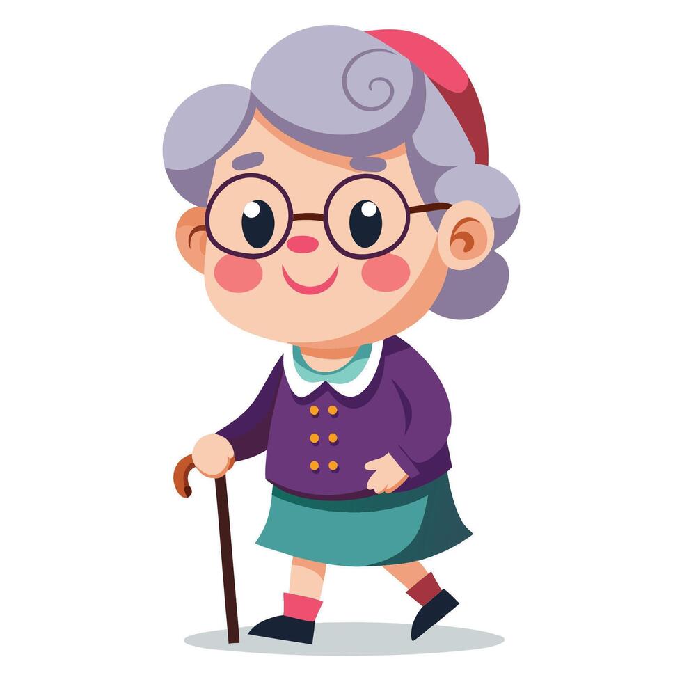 Charming Elderly Woman Strolling with Walking Stick Cartoon Illustration vector
