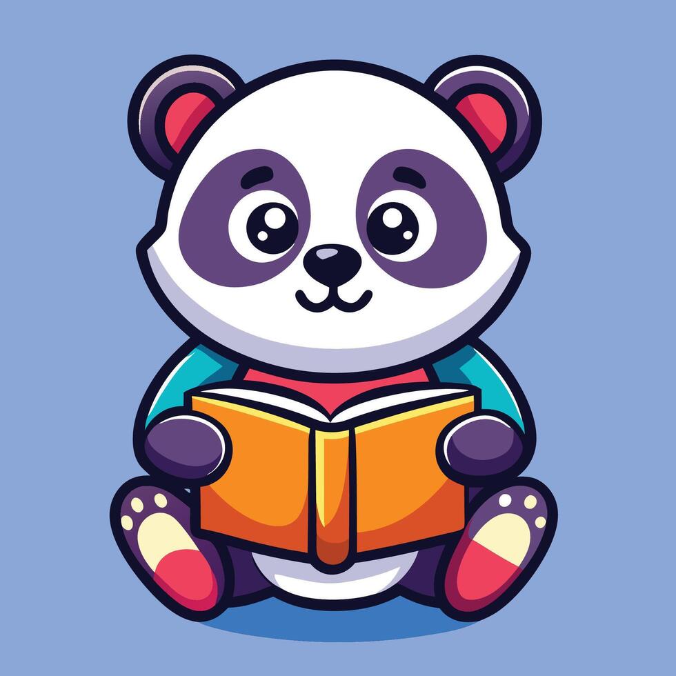 Adorable Sticker Depicting a Cute Panda Immersed in Book Reading vector