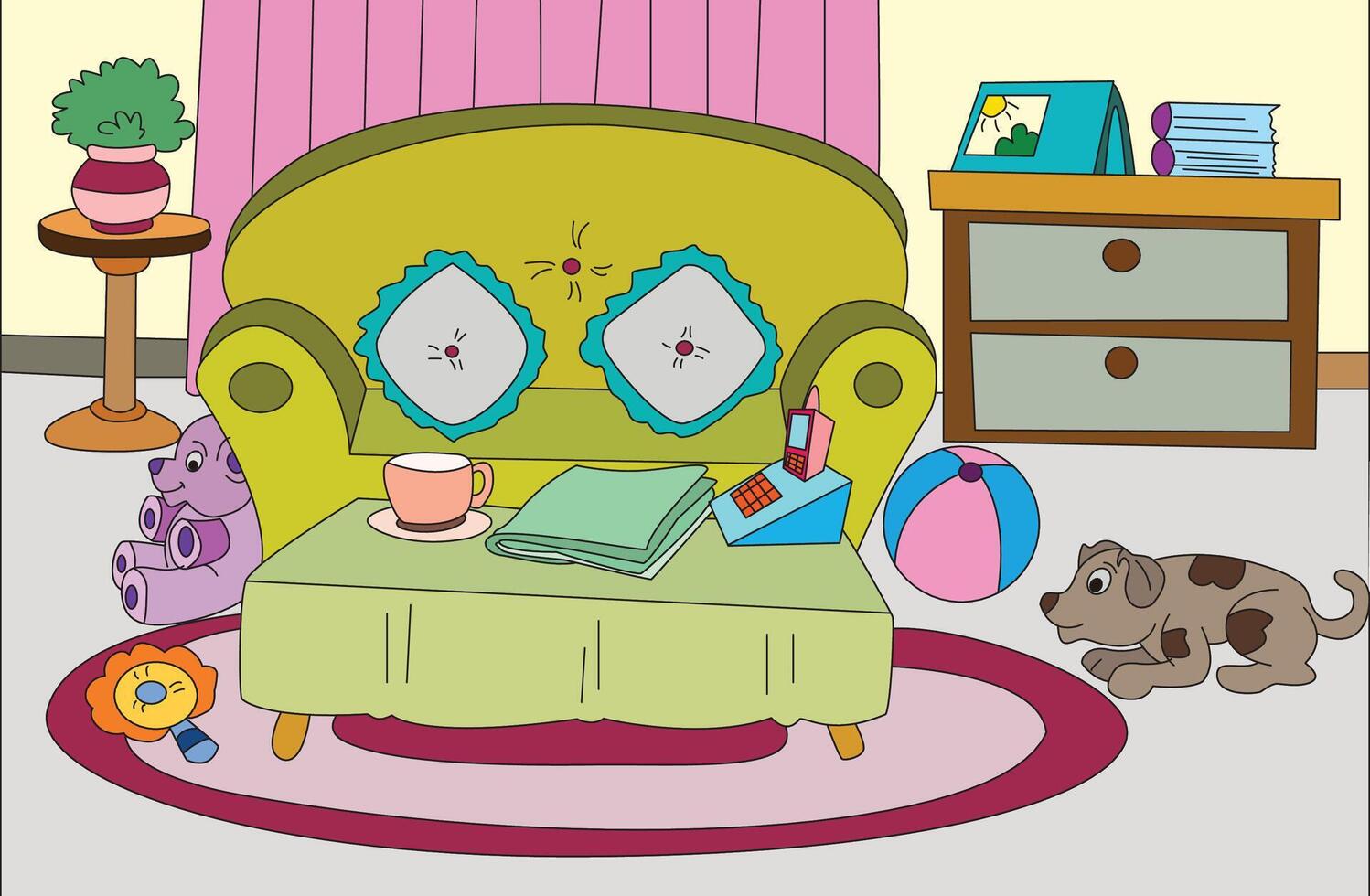 Bedroom is table, ball, dog, cup, dog, soft toys illustration vector