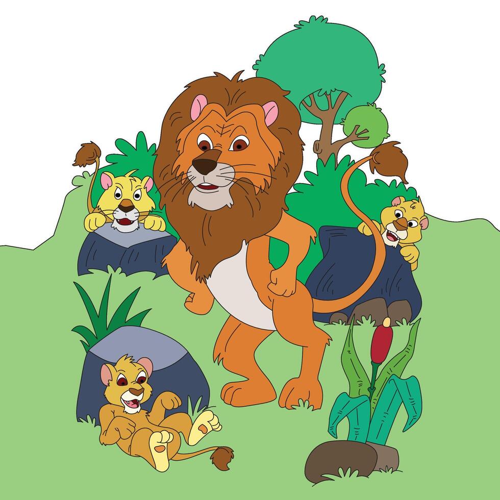 Illustration lion and his baby playing in the park vector