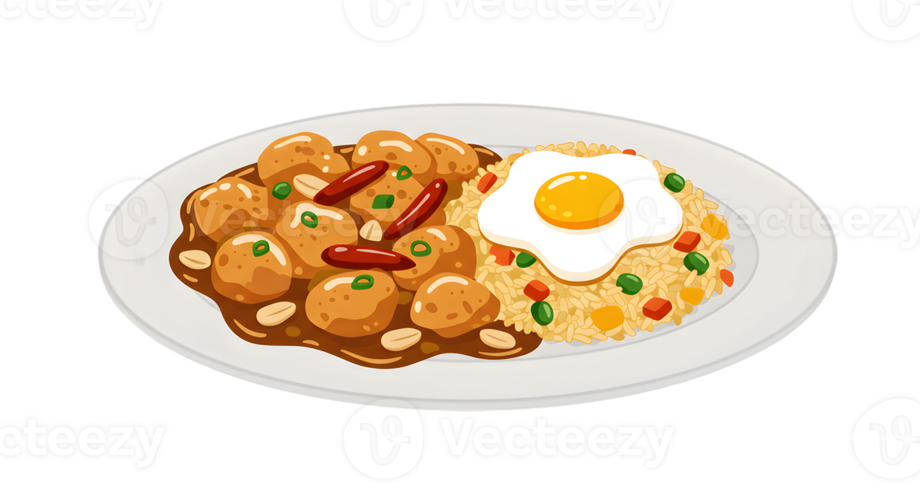 A plate with chicken and rice with an egg png