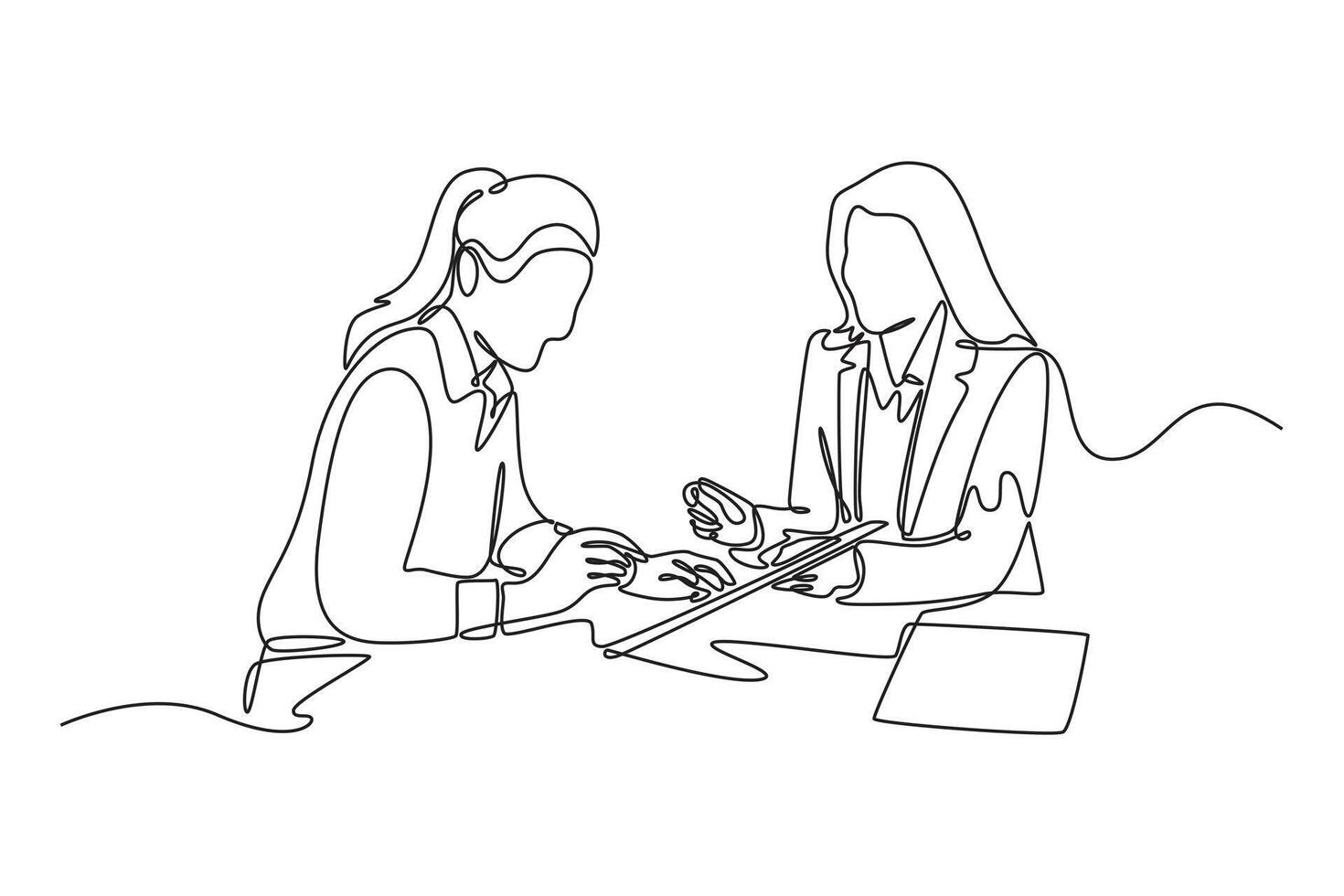 Before signing the woman reads the terms of the mortgage, lease or purchase agreement. Agreement business concept. Single line draw design. graphic illustration vector