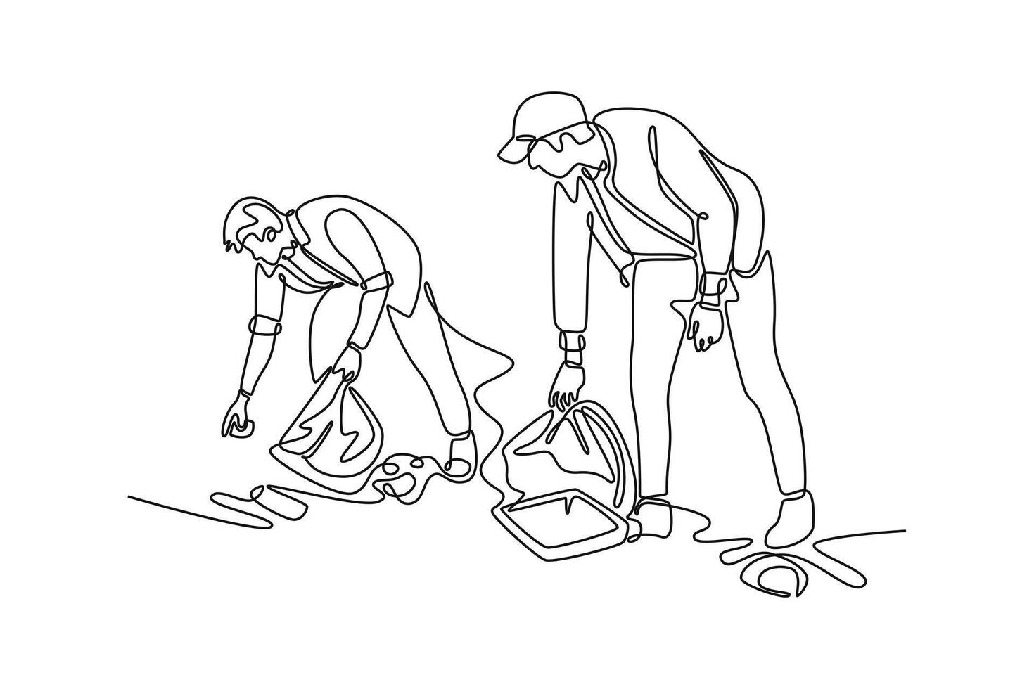 A group of focused volunteers diligently clears litter from a picturesque lakeshore. Community focused concept. Single line draw design. graphic illustration vector