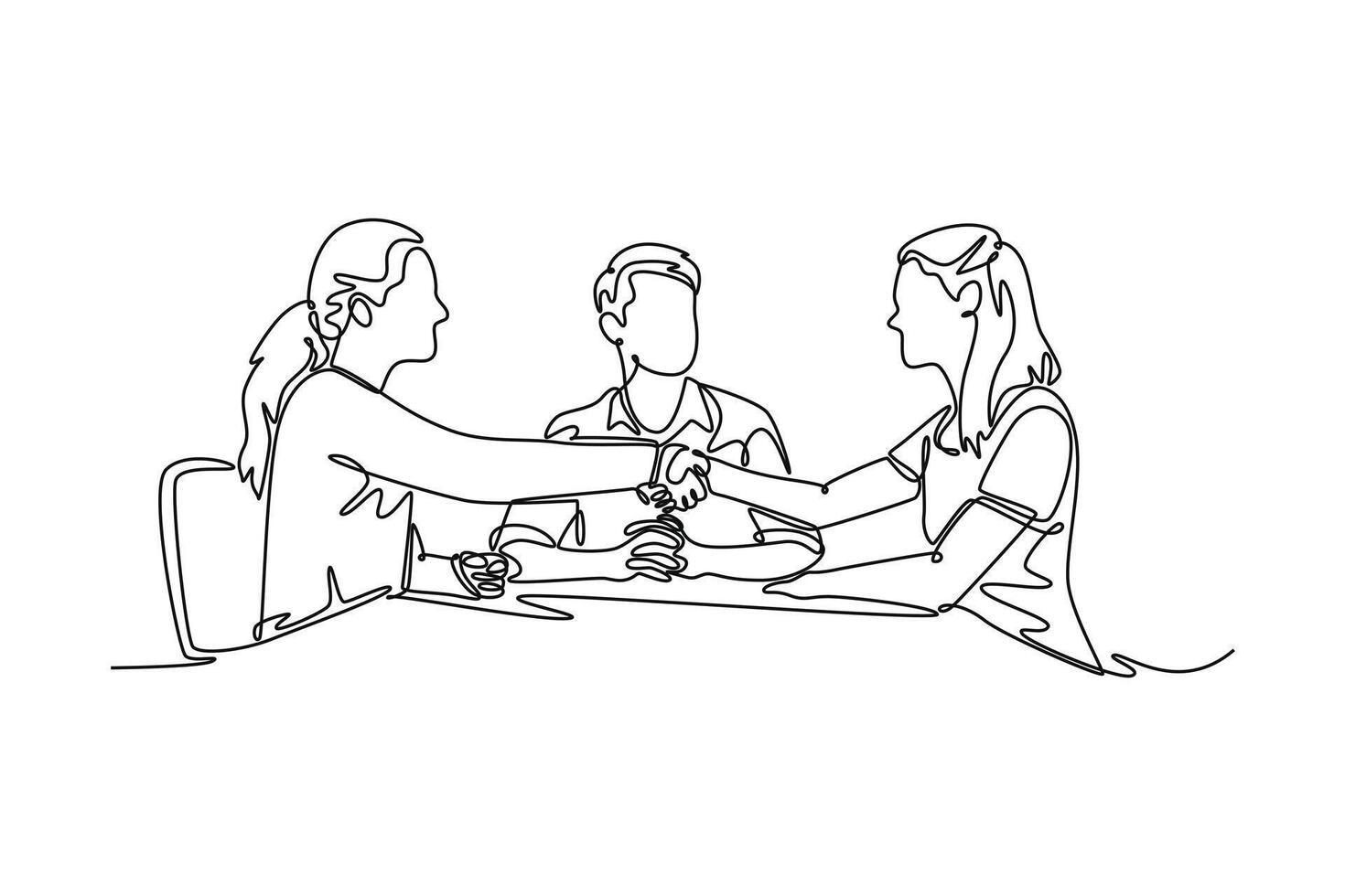 Happy female business partners shake hands sign two contracts with lawyer mediation at meeting. Agreement business concept. Single line draw design. graphic illustration vector