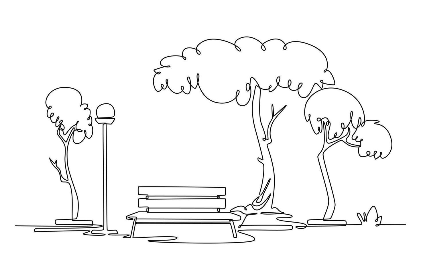 City park with green trees and grass, wooden bench, lanterns. Park concept. Single line draw design. graphic illustration vector