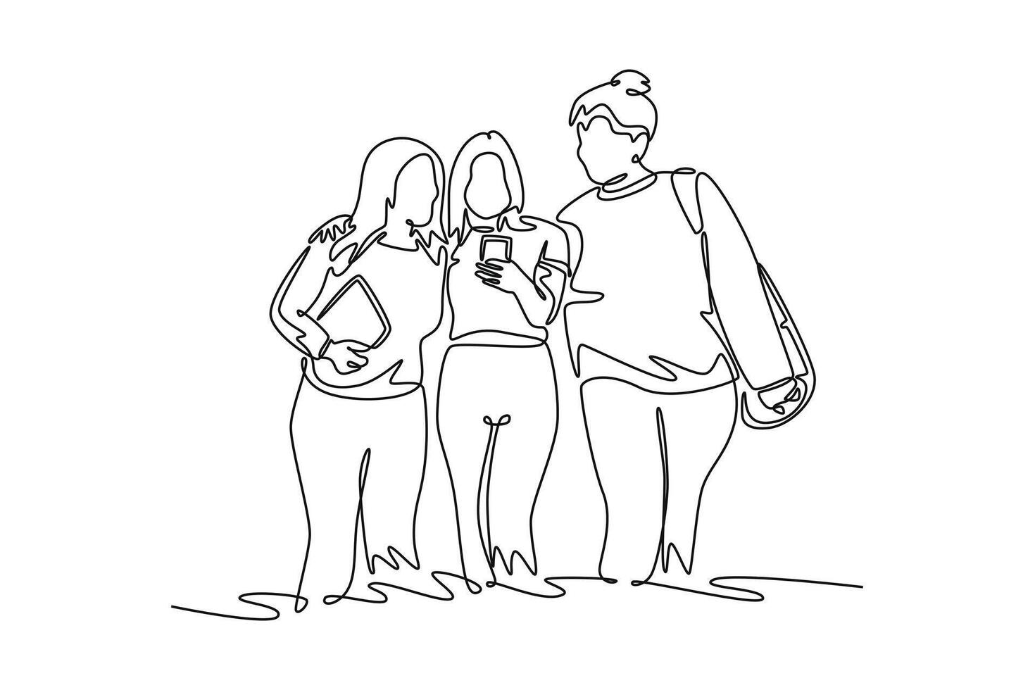 Young group community of friends having fun outside. Community focused concept. Single line draw design. graphic illustration vector