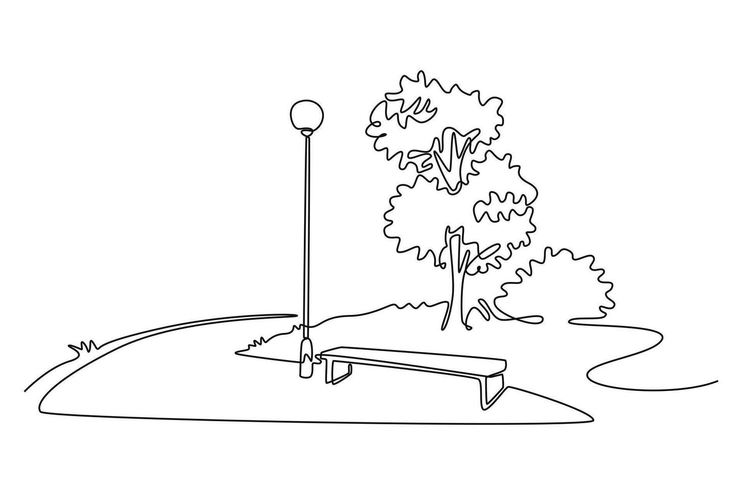 city park bench lamp landscape. Park concept. Single line draw design. graphic illustration vector