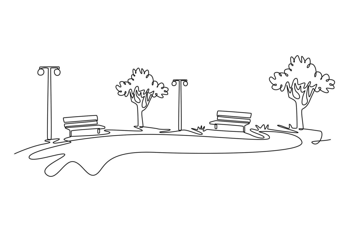 Park with wooden benches, lawn and green trees. Park concept. Single line draw design. graphic illustration vector