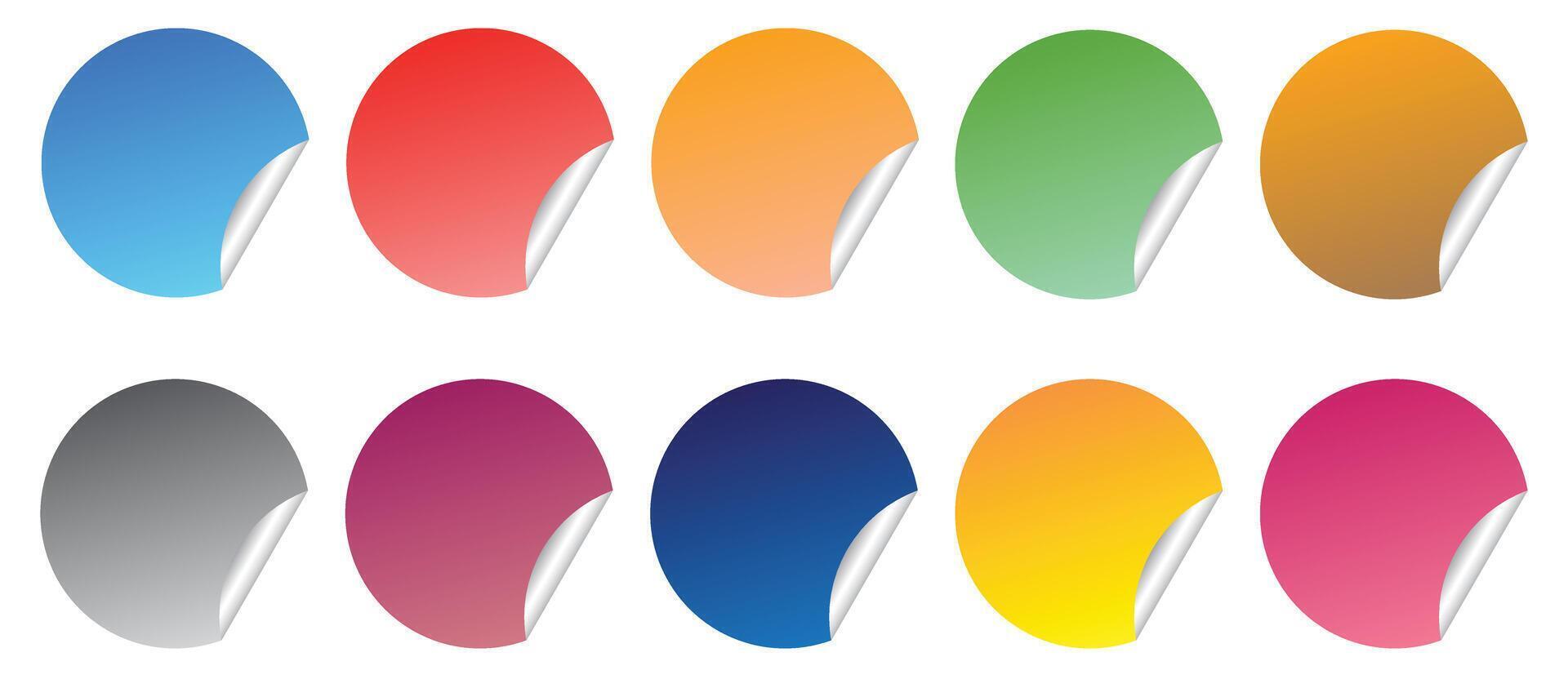 Adhesive paper stickers circle with rounded edges adhesive, color round stickers with peeling corner, isolated rounded plastic mockup, set round paper curved corner vector