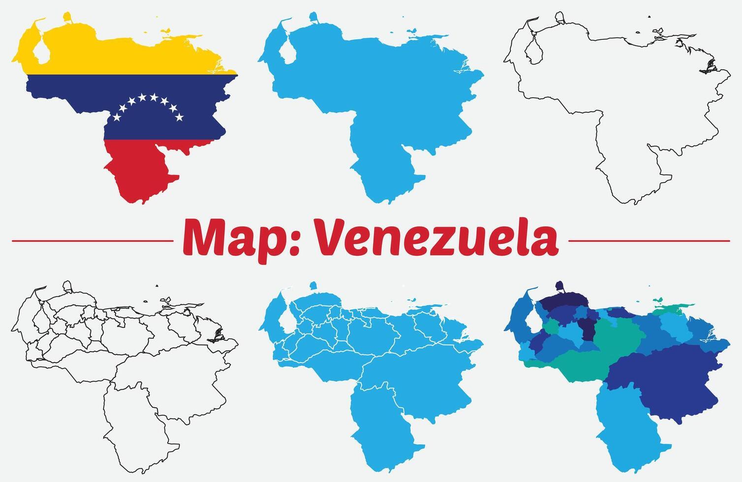 Maps of Venezuela , Outline, and Regional Divisions, Venezuela country map set. internal provinces borders marked, Simple map of Venezuela drawing. vector