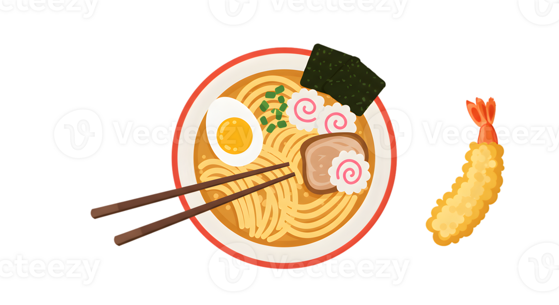 A plate with noodles, shrimp and an egg png