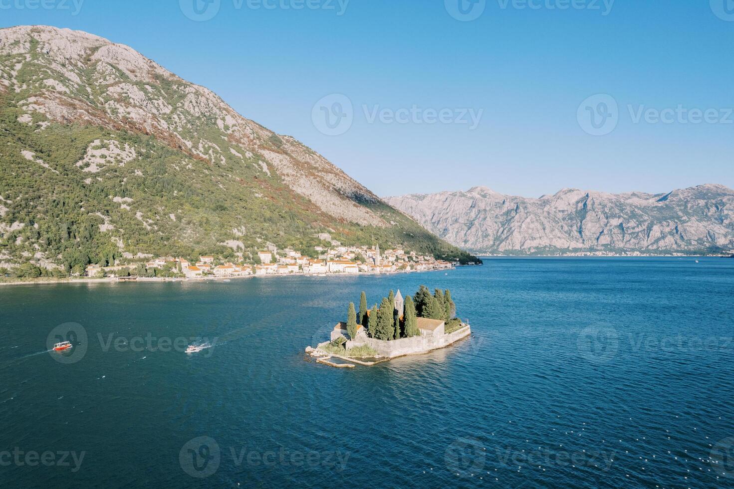 Ancient monastery on the island of St. George. Bay of Kotor, Montenegro. Drone photo