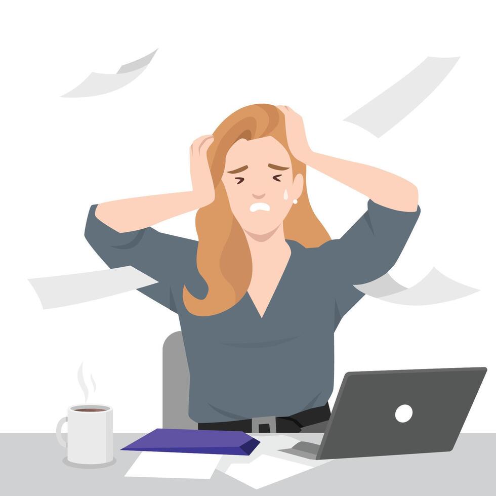 Frustrated woman clutches her head in distress, overwhelmed by deadlines and work pressure. vector