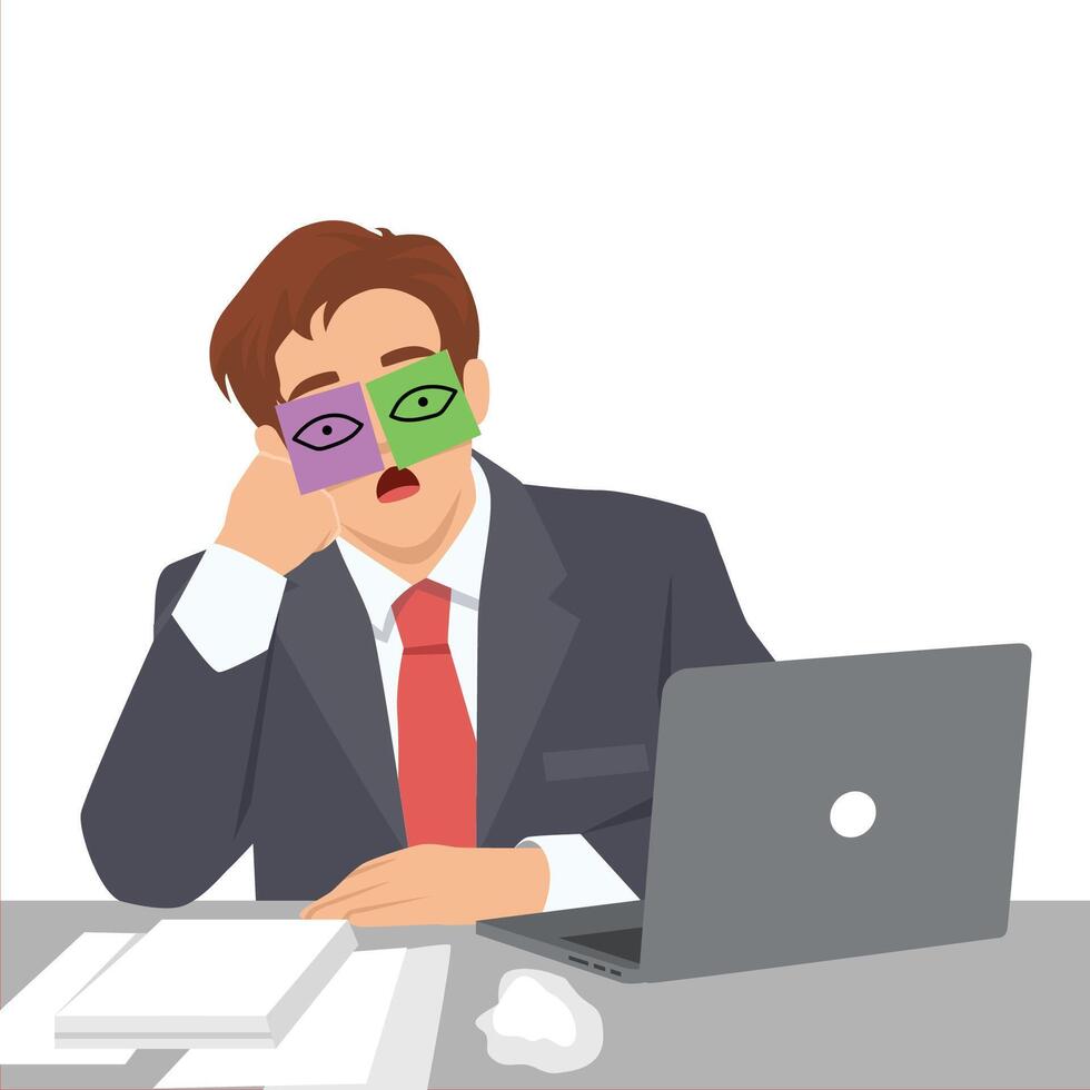 Tired businessman wearing drawn on paper eyes over his closed eyes tries to appear alert. vector