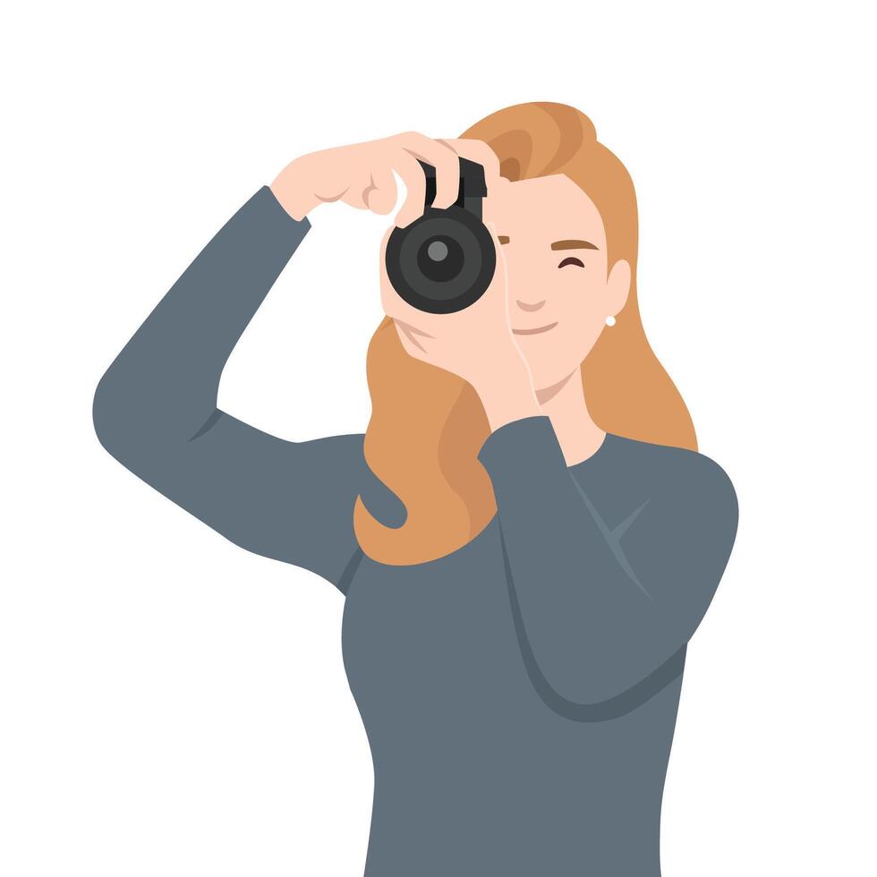 Woman is captured mid-action, holding a camera up to her eye, ready to take a photograph. vector