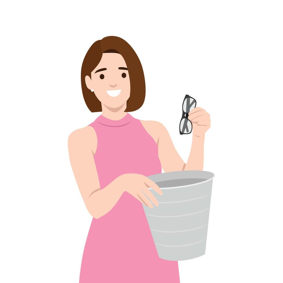 Smiling Woman Throwing Glasses into Trash Bin. Symbolizing a new beginning or vision correction. vector