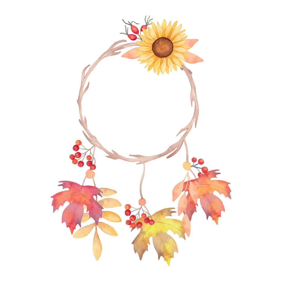 Wooden frame with rowan berries and maple leaves, sunflower flower, rose hip. Botanical watercolor illustration. Hand drawn isolated art. Autumn dreamcatcher for holidays Thanksgiving, Halloween vector