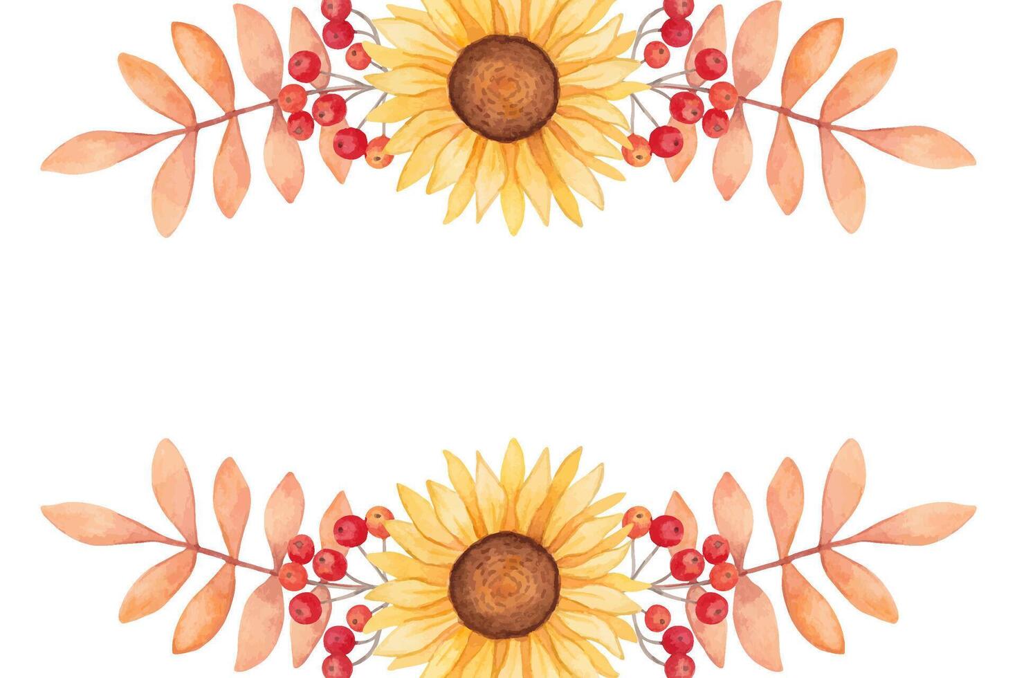 Horizontal frame of sunflower flower with rowan berries, leaves. Botanical watercolor illustration. Frame, banner. Hand drawn isolated art. Seasonal holidays design. Thanksgiving, Halloween, birthday vector