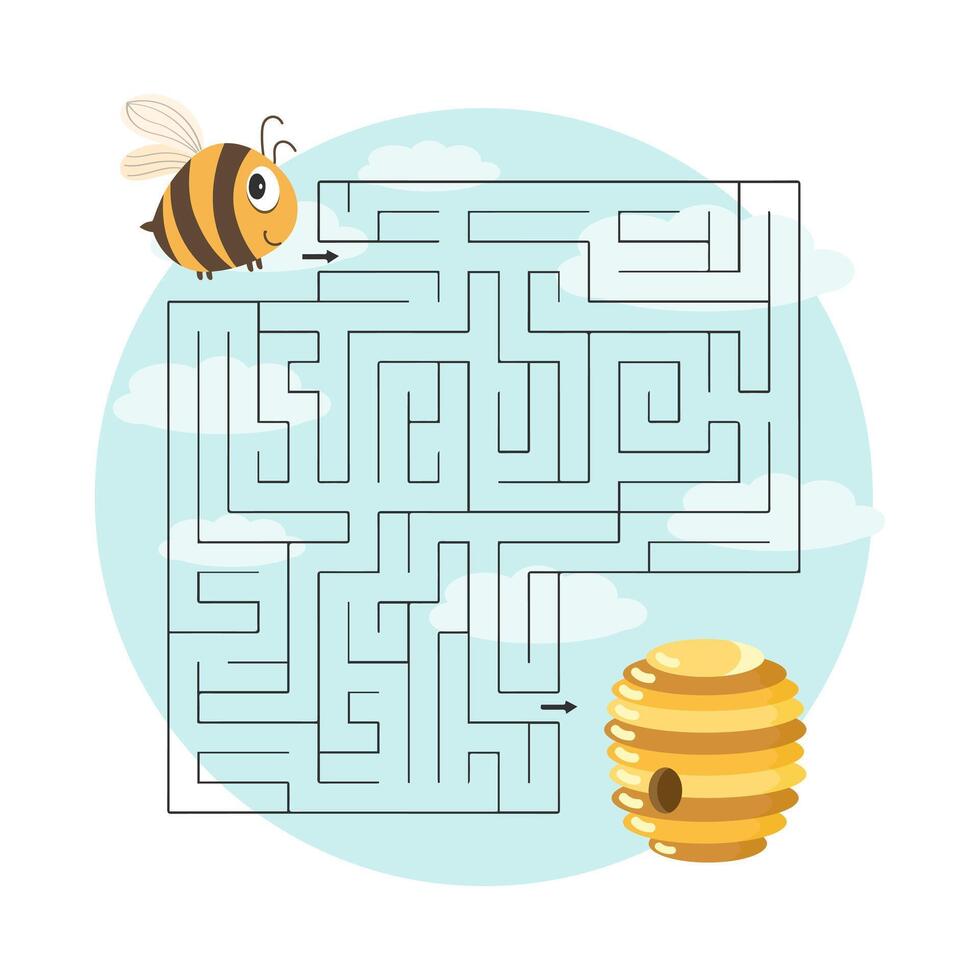 Educational labyrinth for kids, cute bees and honey hive. Illustration. vector
