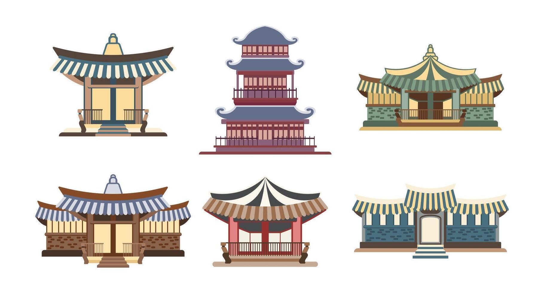 Set of traditional temples or asian pagodas, japanese traditional landmarks. Flat style illustration. vector