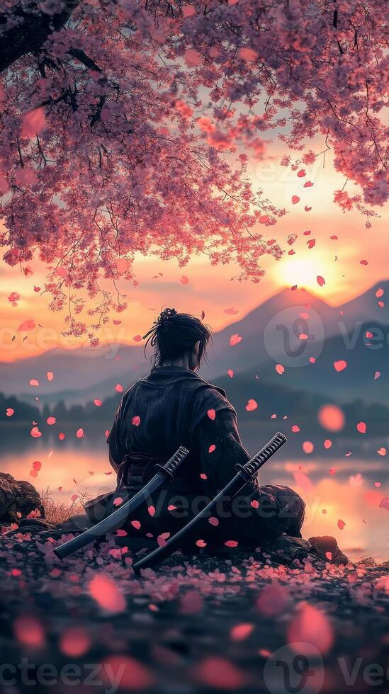 A man sitting under cherry blossoms at sunset photo