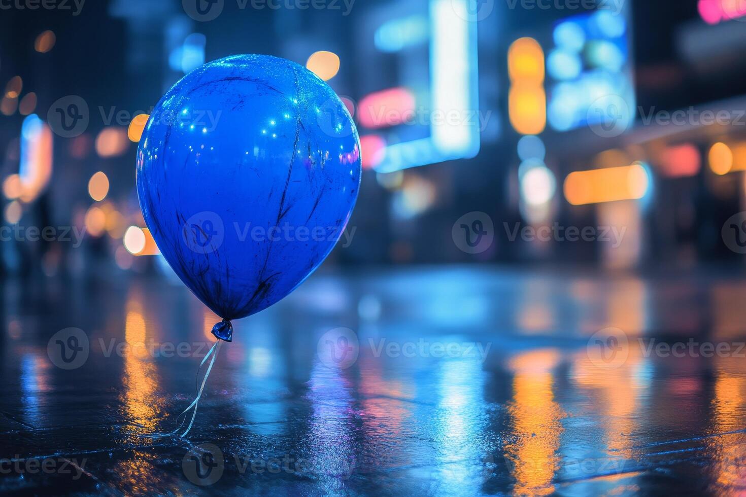 A blue balloon floating in the rain on a wet street photo