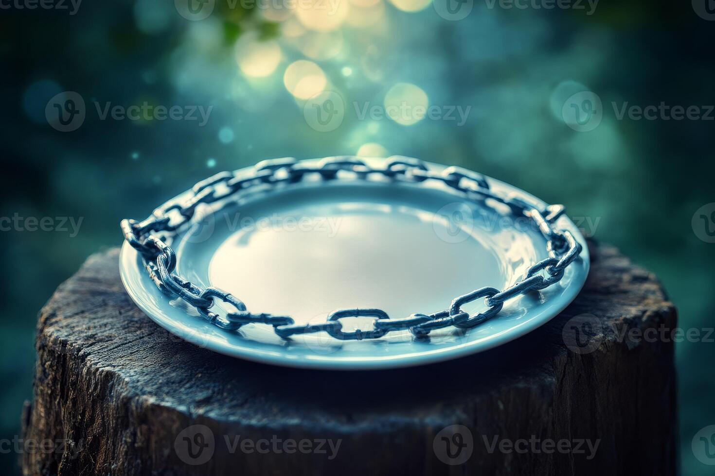 A plate with chains on it sitting on a stump photo