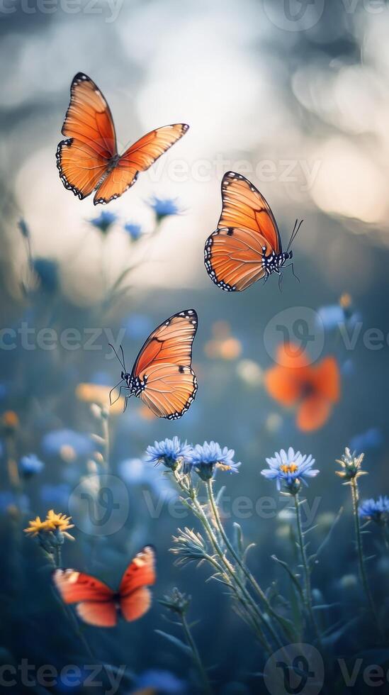 Butterflies flying over blue flowers in the field photo