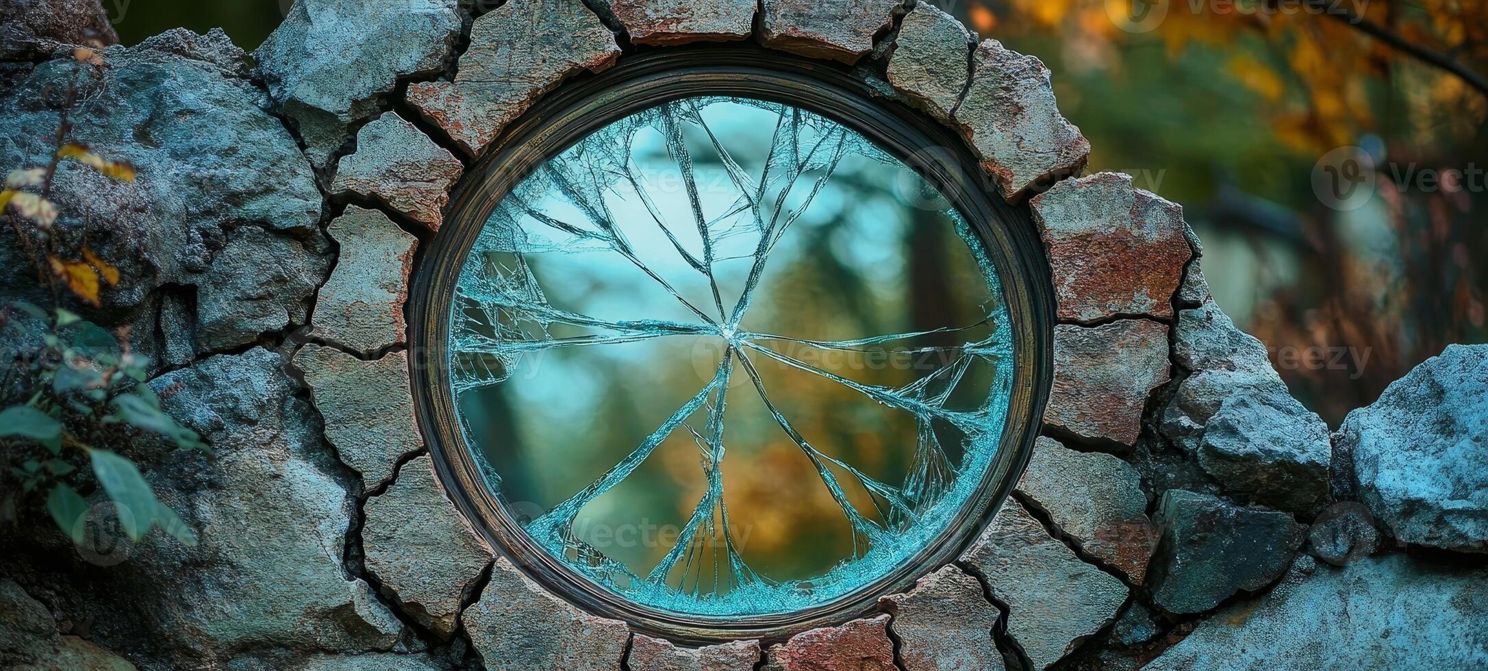 A broken mirror in a stone wall photo