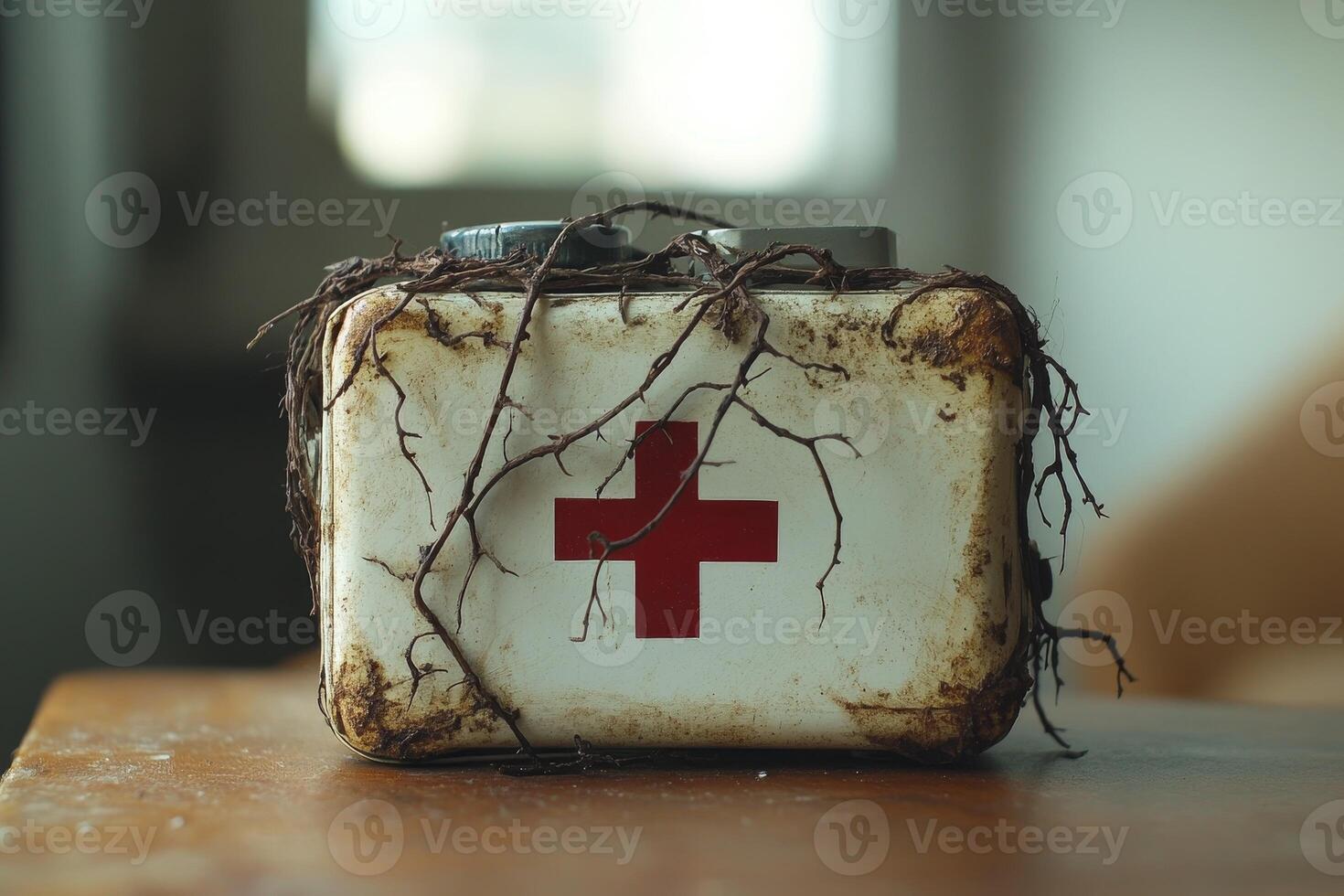 An old first aid box with a red cross on it photo