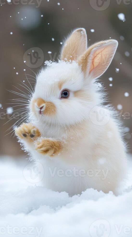 A white rabbit is standing in the snow photo