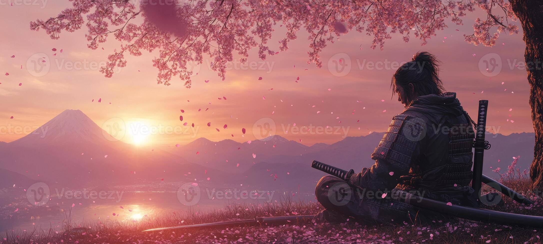 A man sitting on a hill with a sword in his hand photo