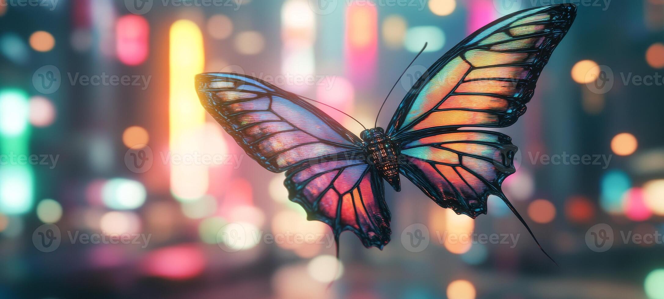 A butterfly is flying in the air over a city photo