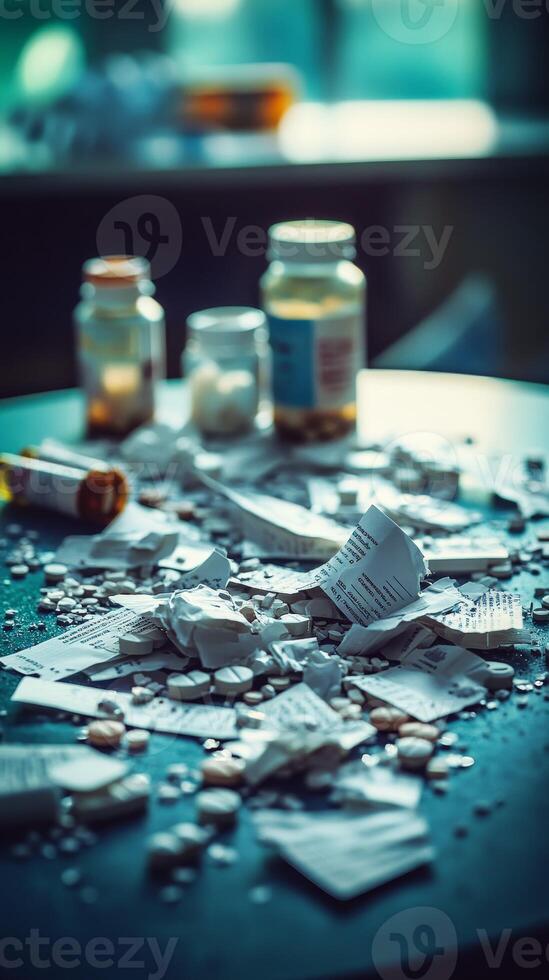 A table with a pile of pills and other items photo