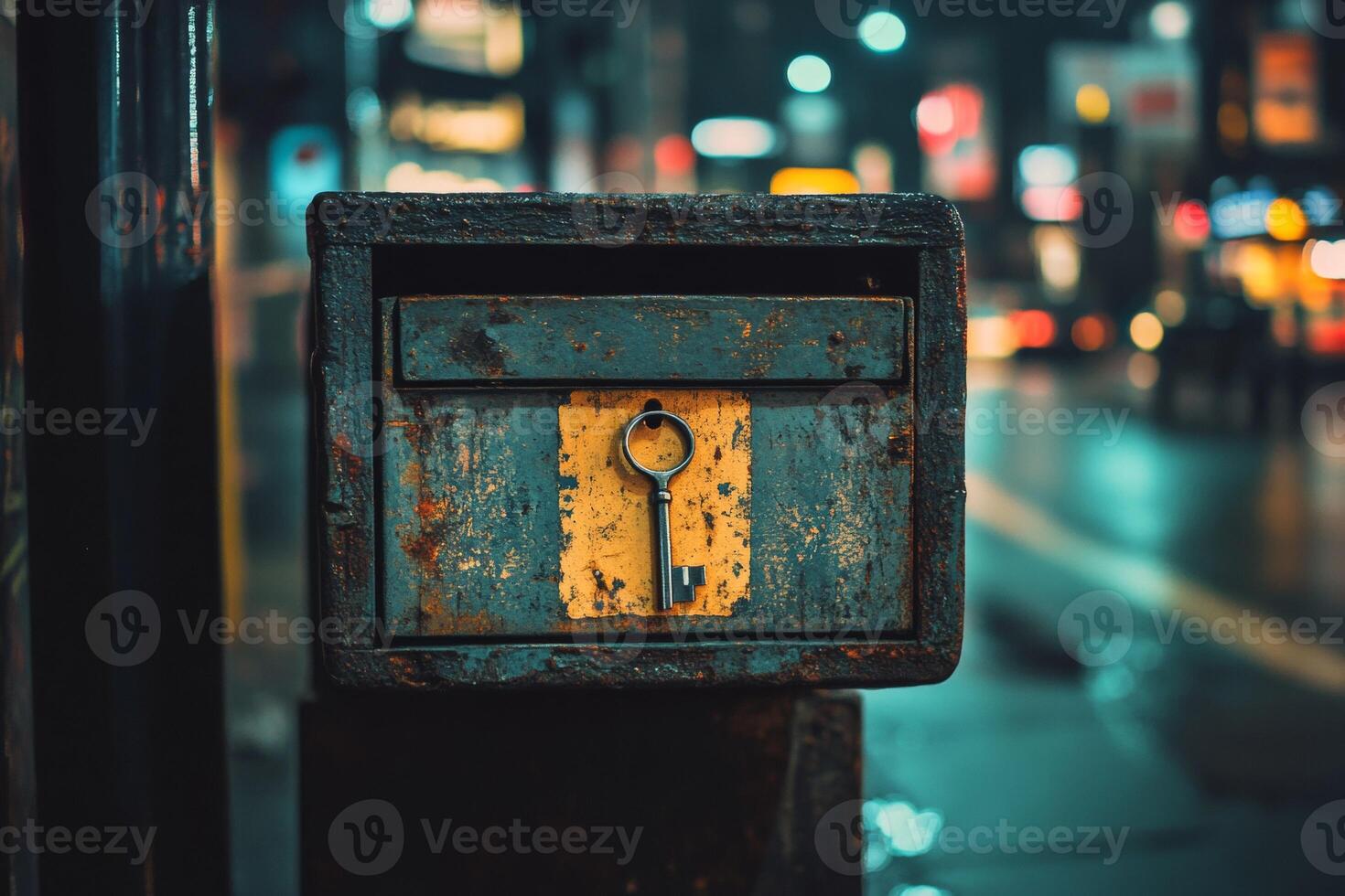 An old mailbox with a key in it photo