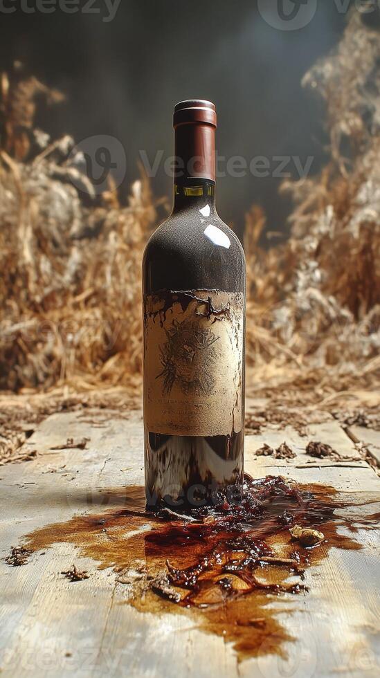 A bottle of wine on a table with a brown liquid photo
