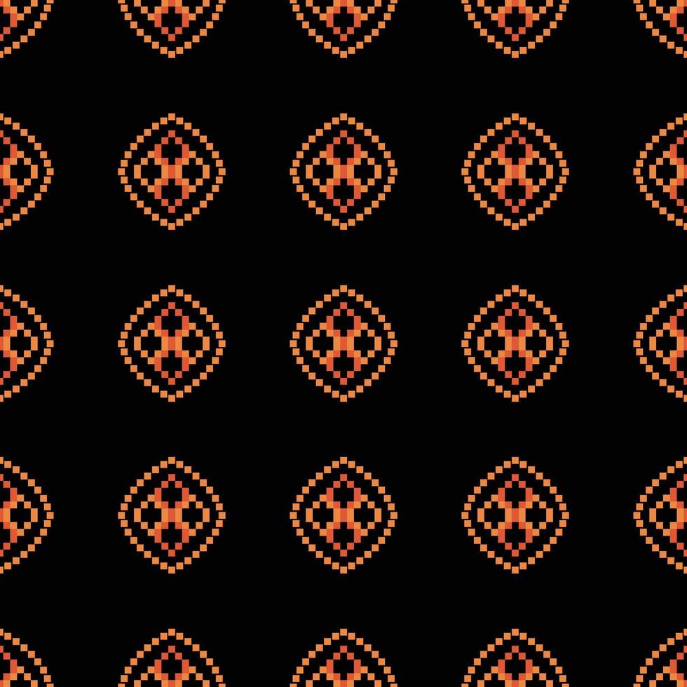 Pixel art of ethnic pattern motif cross stitch with black background. vector
