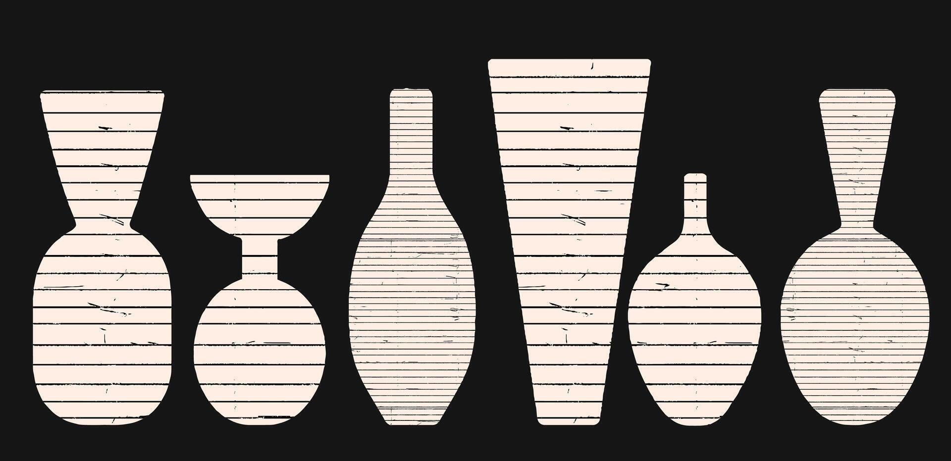 Torn paper vase collage set with ancient ceramic illustrations. Scrapbooking cutouts of jars, pots, flowers, and modern craft objects in soft colours vector