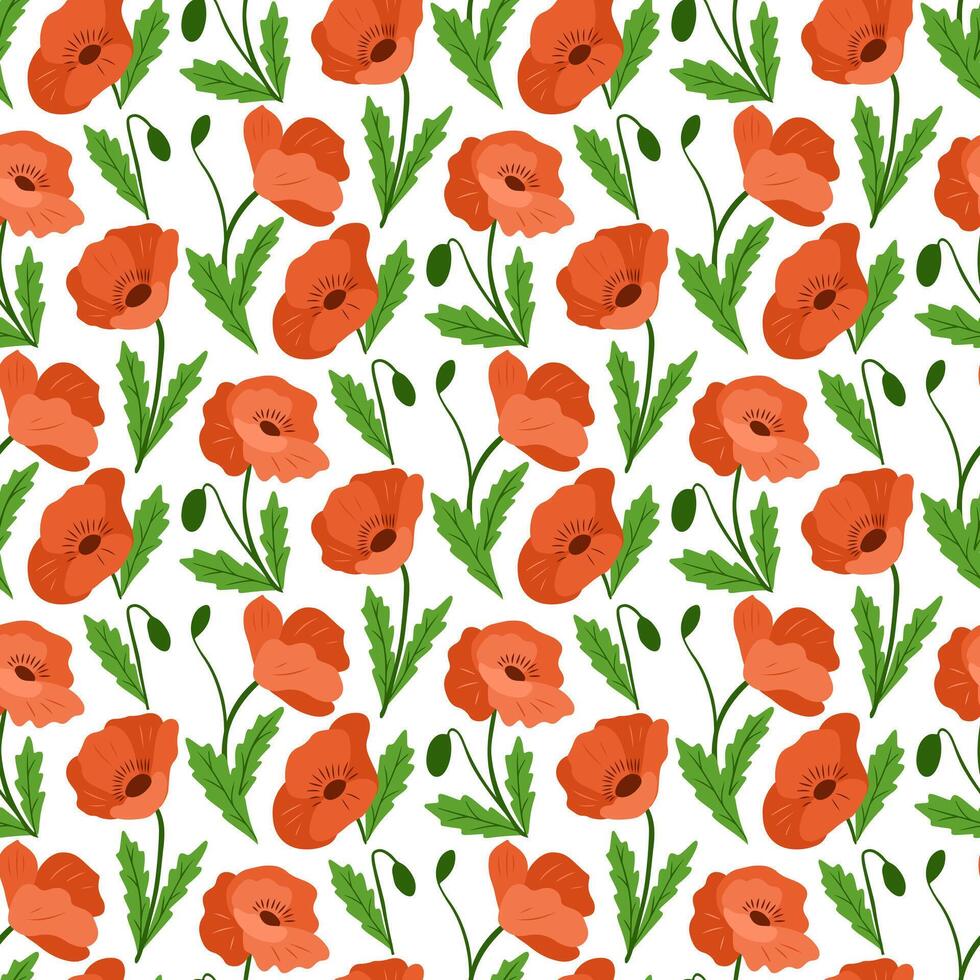 Seamless pattern with red poppy flowers and green leaves on white background. Floral and nature concept symbolizing remembrance, beauty and seasonal bloom vector