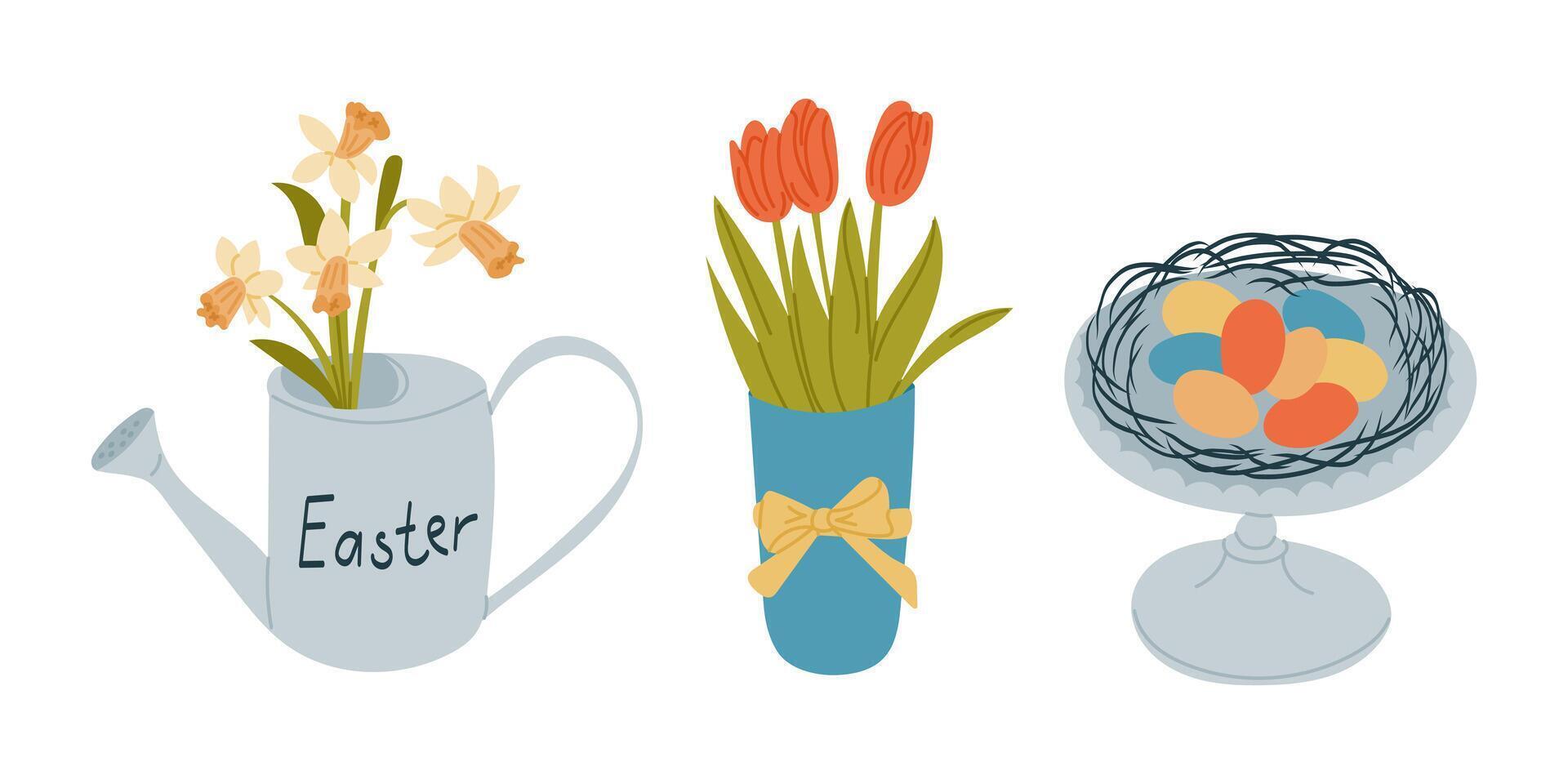 Hand drawn set with daffodils in a watering can, tulips in a vase, and Easter eggs in a nest on a stand. Spring and Easter concept symbolizing renewal, nature and holiday decoration vector
