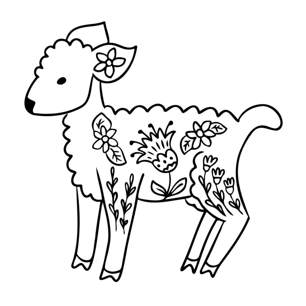 Hand drawn illustration of a lamb decorated with floral folk patterns, isolated on white background. Folk art and spring concept representing innocence, tradition and nature vector