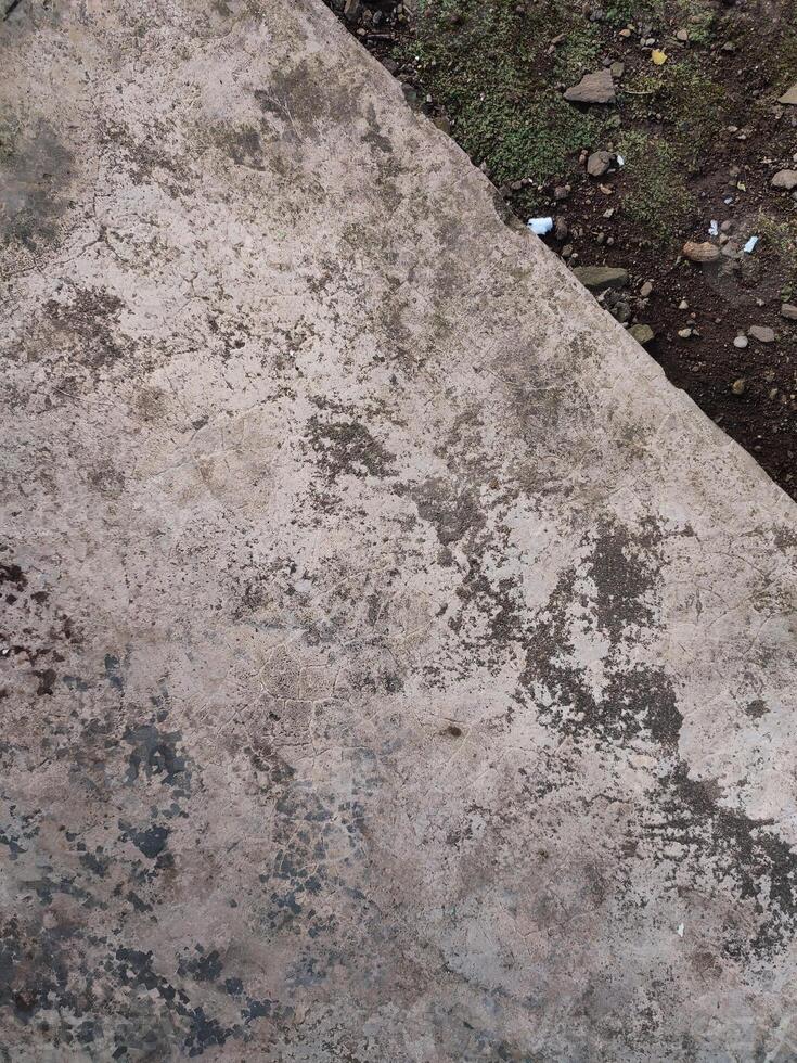background of asphalt and soil fill with moss, rock and pieces of paper photo