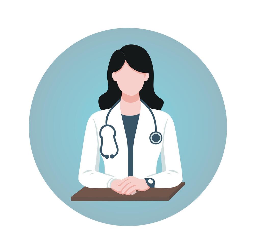 A confident female doctor in a hospital setting, wearing a stethoscope and medical uniform, looking directly at the camera. She exudes professionalism and expertise in health care patient treatment vector